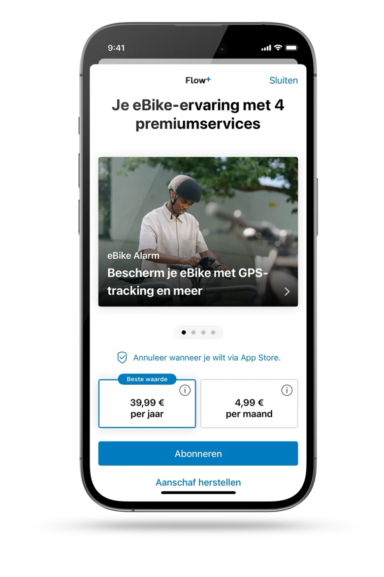 Screenshot van de geopende eBike Flow-app, toont abonnementsopties; voor Flow+: € 39,99 per jaar of € 4,99 per maand.