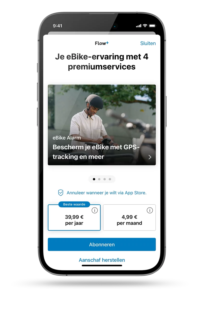 Screenshot van de geopende eBike Flow-app, toont abonnementsopties; voor Flow+: € 39,99 per jaar of € 4,99 per maand.
