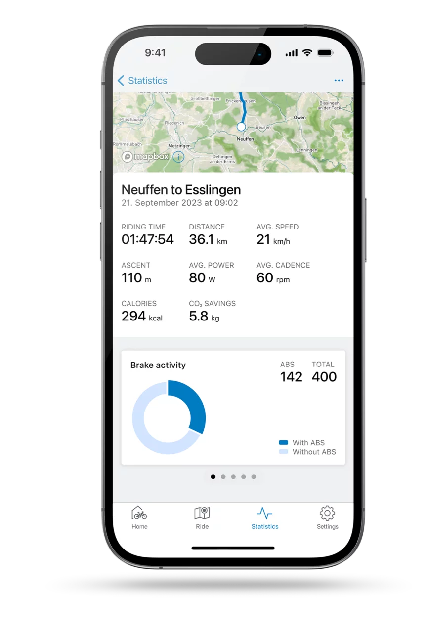 Smartphone displayed with the eBike Flow app open, showing the latest statistics.