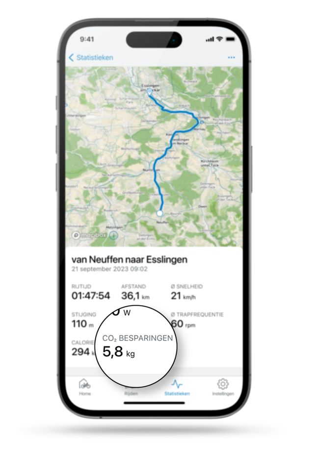 Vrijstaand smartphone met geopende route en navigatie in de eBike Flow-app, waarbij de CO2-besparing is gemarkeerd.