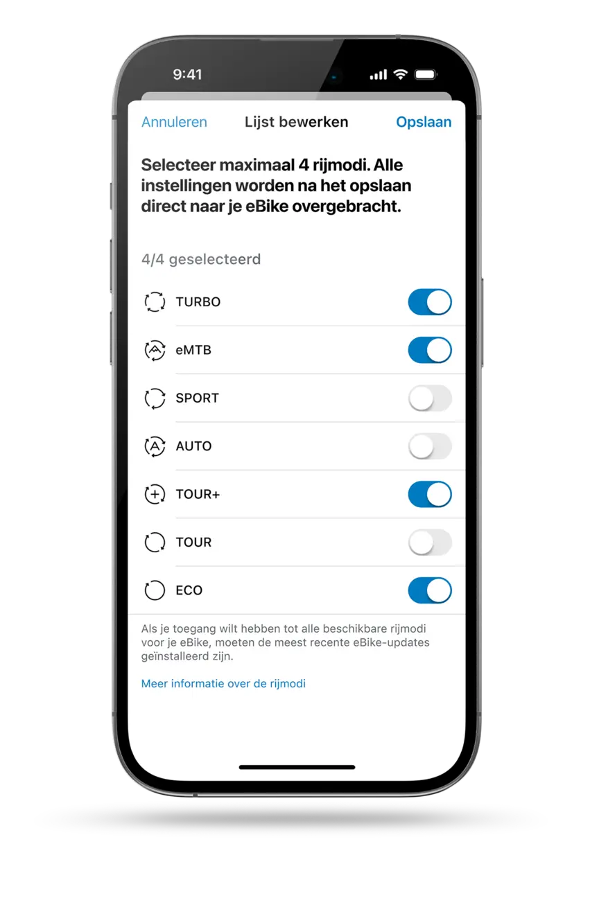 Afbeelding van een smartphone met een uitsnede die de modusselectie in de eBike Flow-app laat zien.