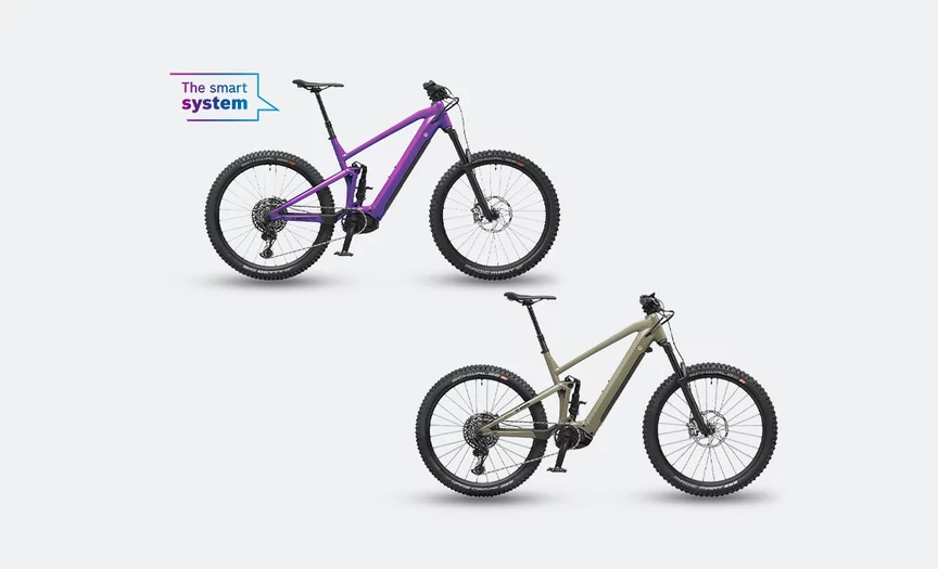 A purple eBike and a gray eBike with Bosch eBike Systems