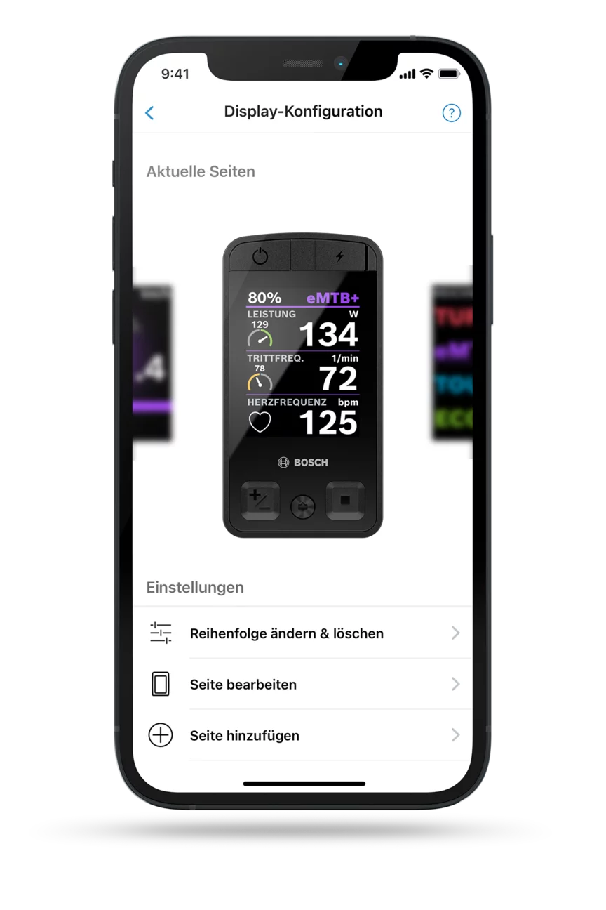 Ein Smartphone-Bildschirm zeigt die Display-Konfiguration der eBike Flow App. Das Display in der App zeigt verschiedene Informationen wie Batteriestand (80%), Leistung (134 W), Trittfrequenz (72 1/min) und Herzfrequenz (125 bpm). Unterhalb des Displays gibt es Optionen zur Änderung der Reihenfolge, Bearbeitung der Seite und Hinzufügen einer neuen Seite.