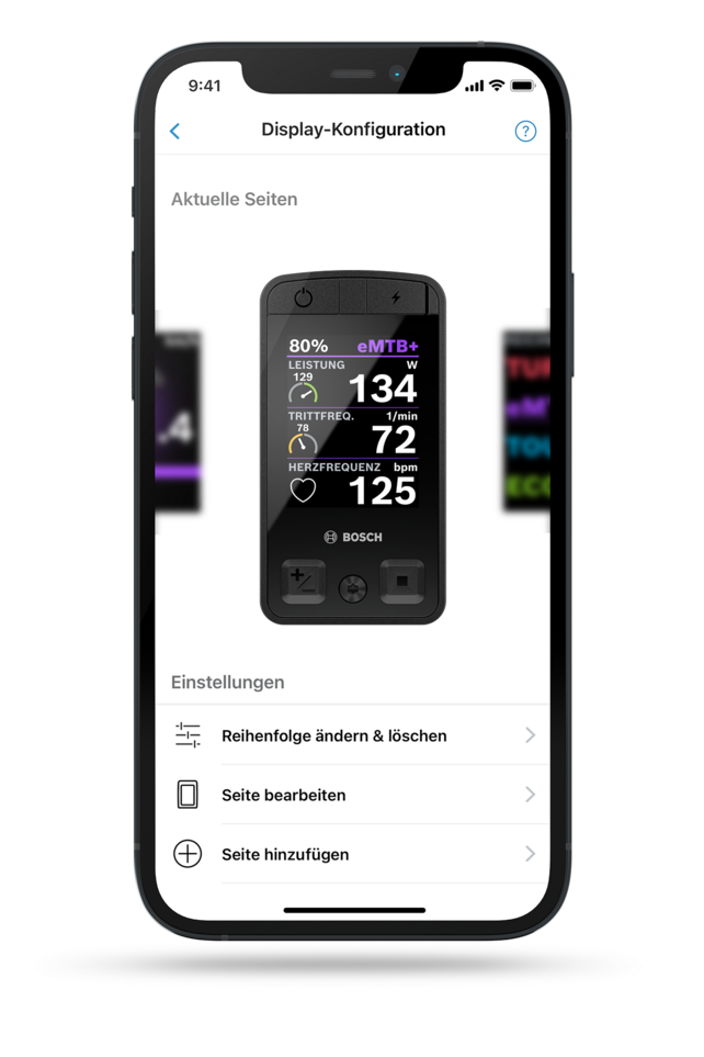Ein Smartphone-Bildschirm zeigt die Display-Konfiguration der eBike Flow App. Das Display in der App zeigt verschiedene Informationen wie Batteriestand (80%), Leistung (134 W), Trittfrequenz (72 1/min) und Herzfrequenz (125 bpm). Unterhalb des Displays gibt es Optionen zur Änderung der Reihenfolge, Bearbeitung der Seite und Hinzufügen einer neuen Seite.