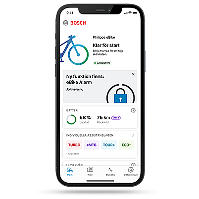 Skärmdump av startfliken i eBike Flow-appen som visar den nya eBike-larmtjänsten, vilken erbjuder en extra säkerhetsfunktion för eBike-användare.