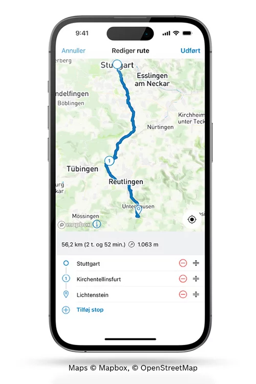 På en frilagt smartphone kan man se et kort, hvor en rute er afbildet.