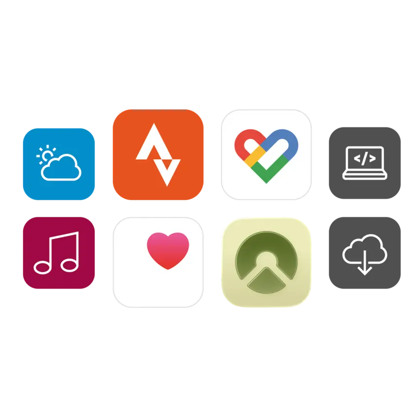 Varios iconos coloridos muestran la conexión de COBI.Bike con el mundo digital: por ejemplo, música en streaming o informes meteorológicos actuales