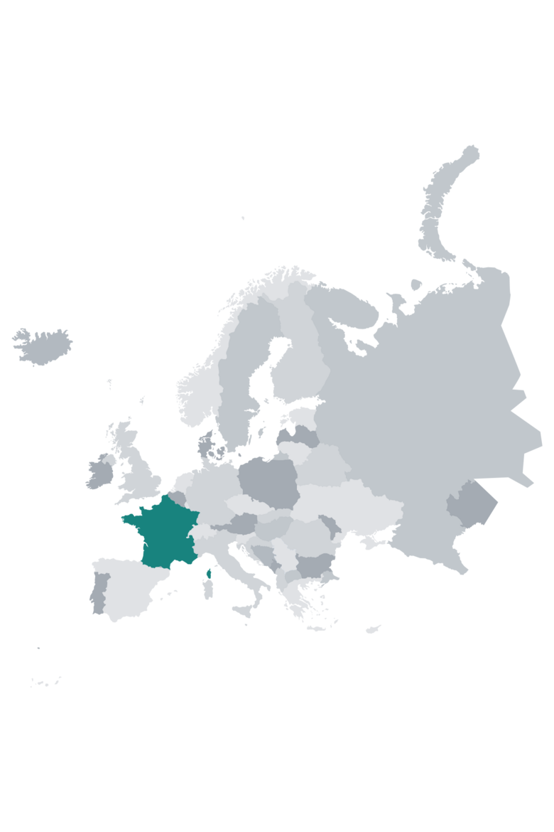 Carte de l’Europe. Elle affiche la France en vert, tandis que tous les autres pays apparaissent en nuances de gris.