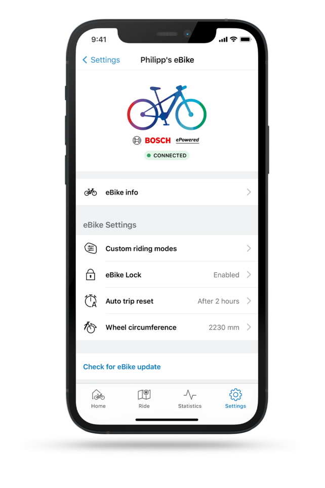 Screenshot of a phone with the eBike Flow app open, displays information and settings for the specified eBike.