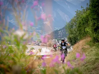 Blurred flowers are visible in the foreground, while a cyclist rides on a path in the middle. In the background, trees and mountains extend into the distance.