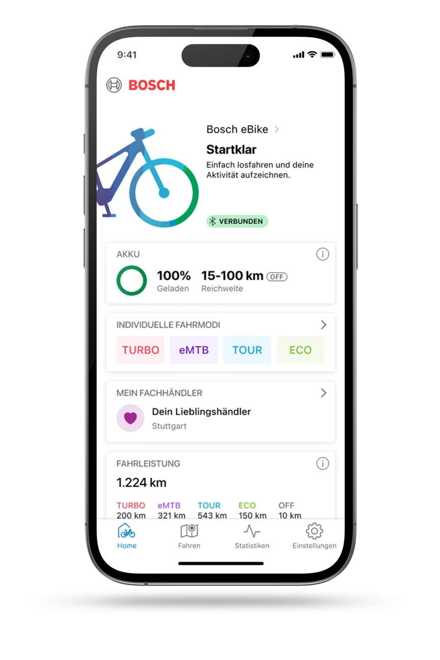 Freigestelltes Smartphone mit geöffneter eBike FlowApp Startseite.