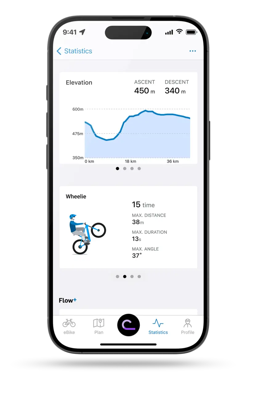 Screenshot of a smartphone display showing the statistics page of the eBike Flow app. At the top, you'll see an altitude chart with ascent and descent; below are "wheelie" statistics displaying maximum values. At the bottom, the navigation bar features eBike, Planning, the flow symbol, Statistics, and Profile.