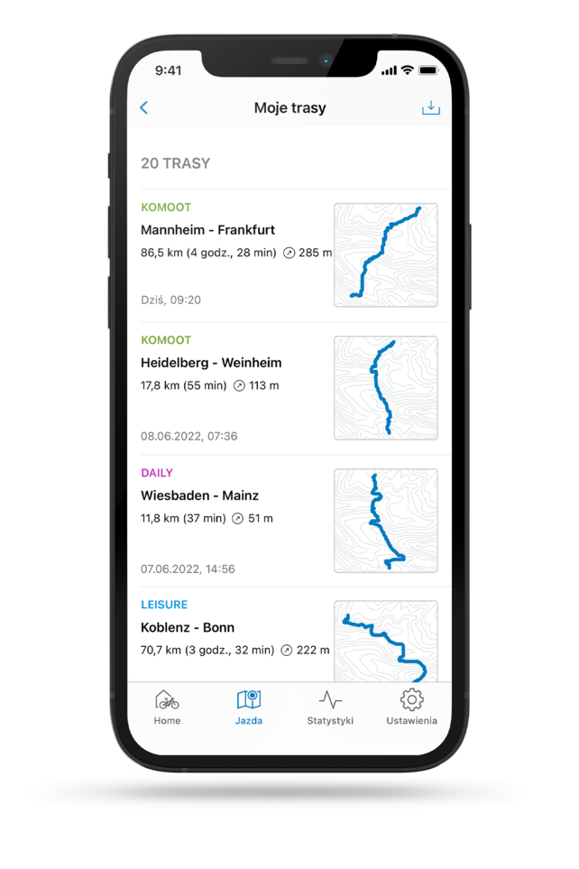 Zrzut ekranu z telefonu komórkowego przedstawia pokonane trasy zarejestrowane w aplikacji eBike Flow, ze szczegółami dotyczącymi trasy, czasu i trybu (profil trasy).