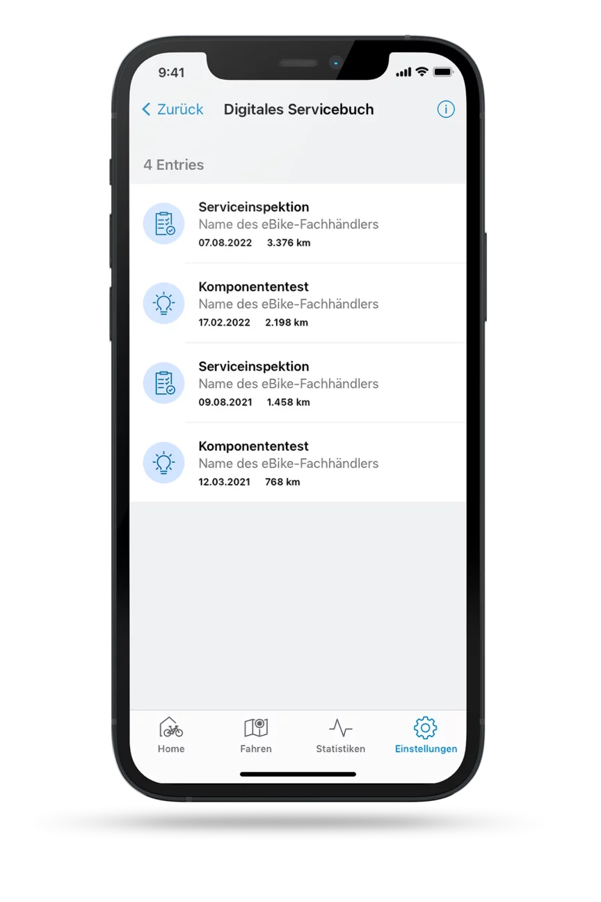 Freigestelltes Smartphone mit geöffneter eBike Flow App, welche die Digitalen Service Books zeigt .