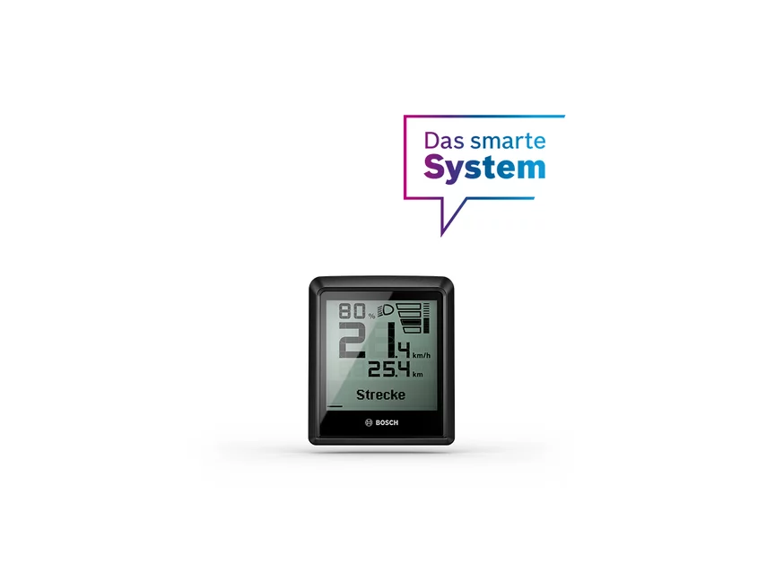 Das Intuvia 100 Display freigestellt mit einem eBike Flow App Icon und "Das smarte System" in einer Sprechblase auf einem weißen Hintergrund.