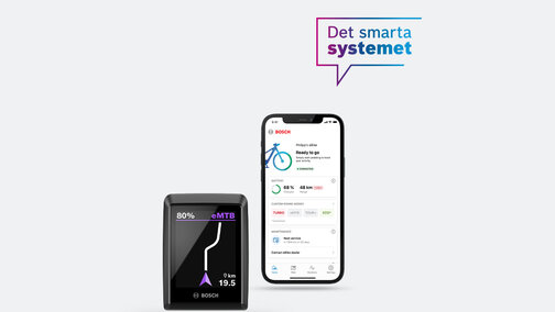 En frilagd smartphone med Kiox300, där FlowApp eller navigering visas, mot en ljusgrå bakgrund med blålila pratbubbla "Det smarta systemet".