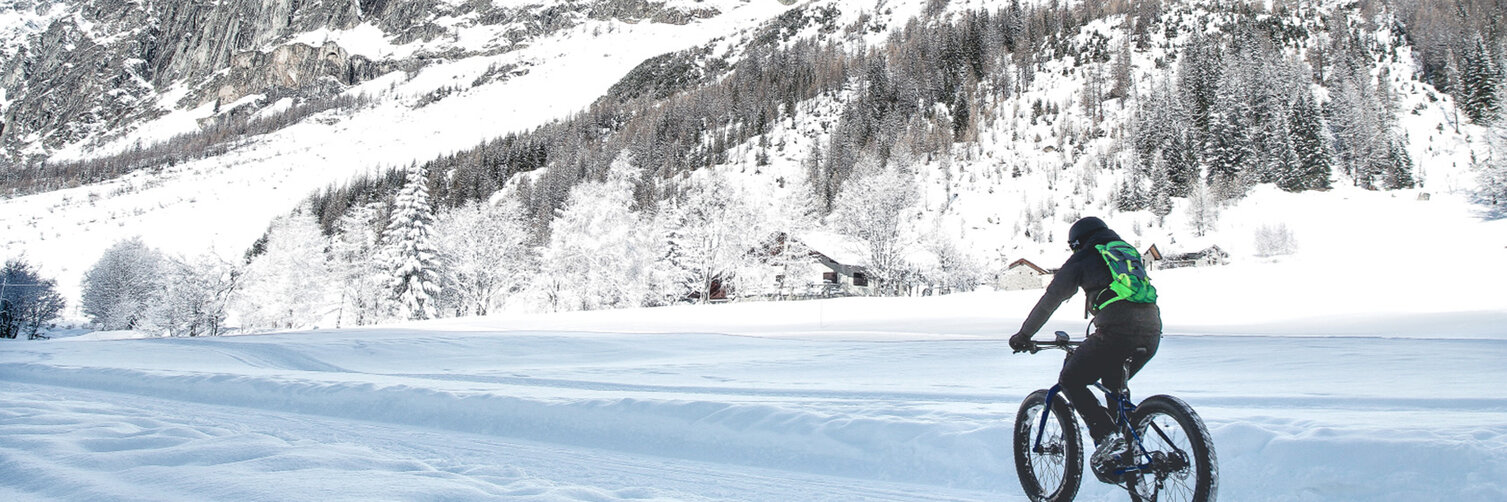 Un eBike attraversa un paesaggio innevato, lungo il quale si possono ammirare montagne e foreste.