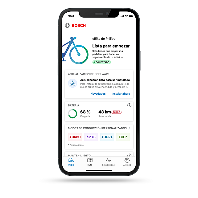 Página de inicio de la aplicación eBike Flow con información sobre el eBike, el estado batería, los modos de conducción y el próximo mantenimiento.