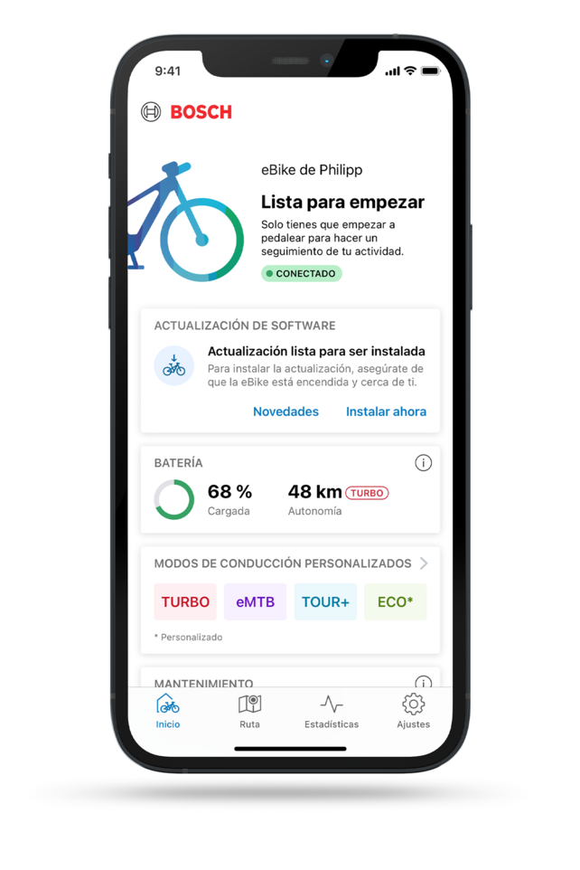 Página de inicio de la aplicación eBike Flow con información sobre el eBike, el estado batería, los modos de conducción y el próximo mantenimiento.