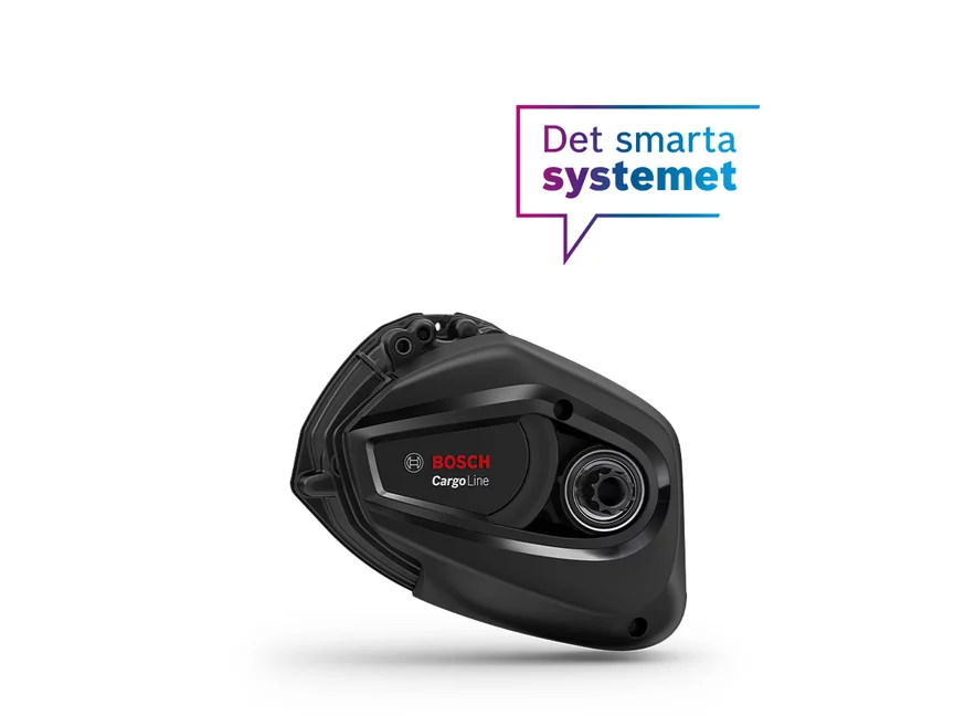 En Cargo Line-motor avbildad tillsammans med "Det smarta systemet" i en pratbubbla ovanför och en eBike Flow-appikon nedanför.
