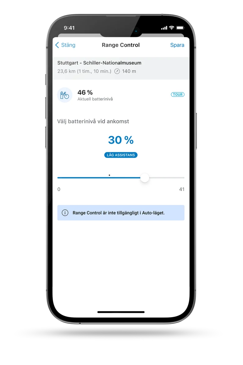 Skärmdump av smarttelefonens display som visar Range Control i eBike Flow-appen.