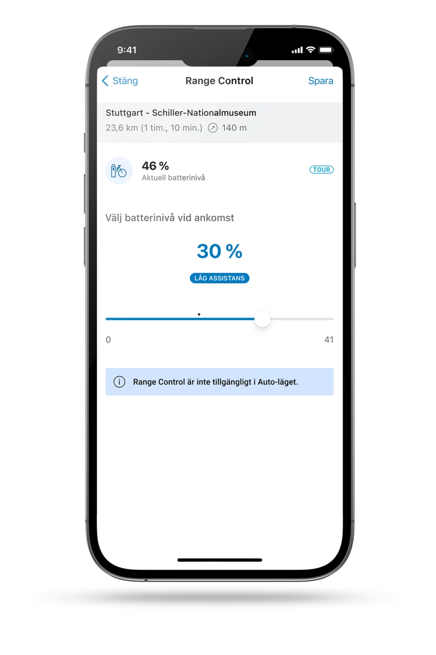 Skärmdump av smarttelefonens display som visar Range Control i eBike Flow-appen.