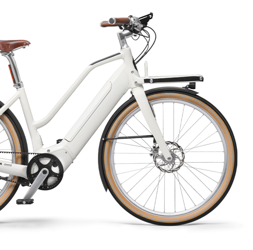 White eBike with the 'Bosch' logo on the frame. Image isolated on white background.