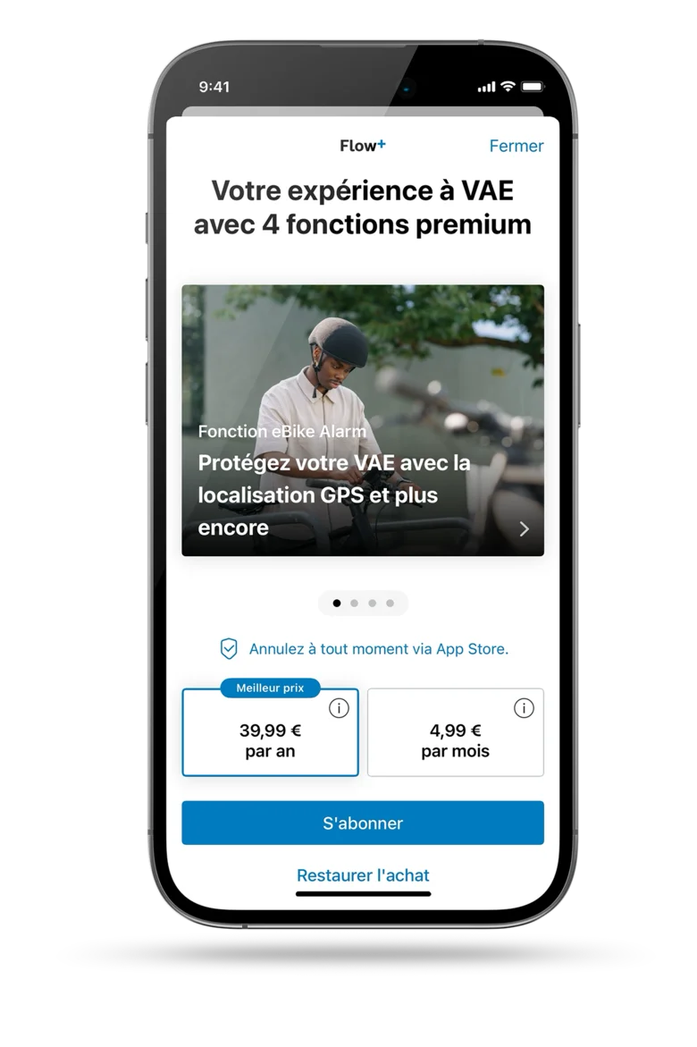Capture d'écran de l'application eBike Flow ouverte, affichant les options d’abonnement ; pour Flow+ : 39,99 € par an ou 4,99 € par mois.