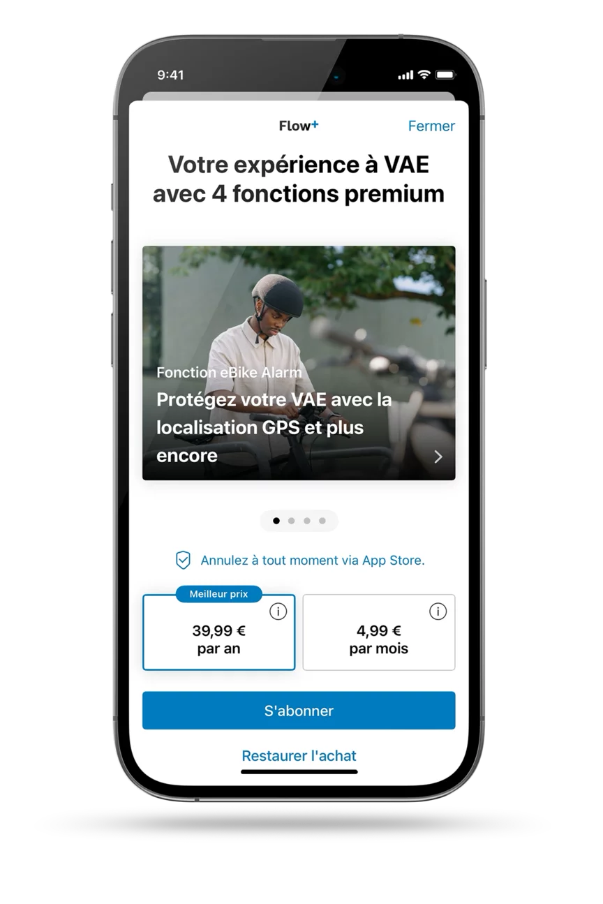 Capture d'écran de l'application eBike Flow ouverte, affichant les options d’abonnement ; pour Flow+ : 39,99 € par an ou 4,99 € par mois.