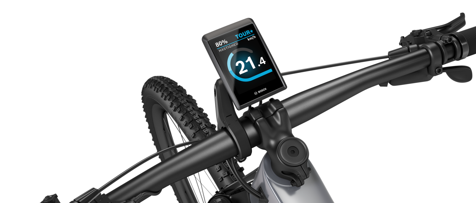 Et sølvfarvet eMountainbike med sort styr isoleret mod en hvid baggrund. På styret er der monteret en Kiox 500. Displayet viser hastigheden i km/t, batteristatus og køretilstand.