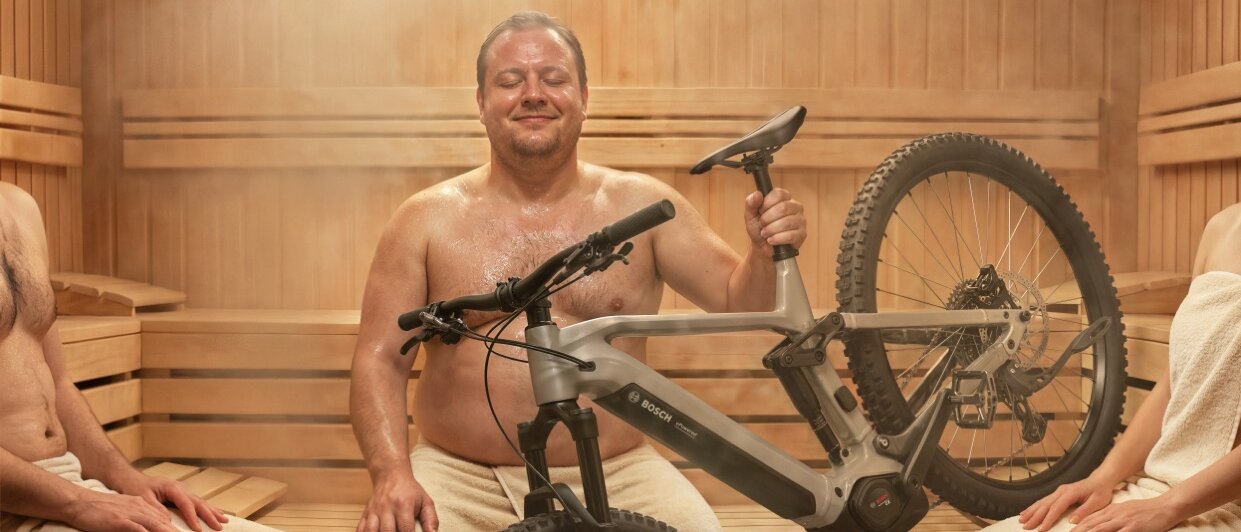 En leende man sitter avslappnad i en ångande bastu med slutna ögon, endast klädd i en handduk, och håller sin elcykel i knät.
