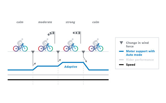 Graph showing the motor support with Auto mode, rider performance, and speed in relation to the change in wind strength.