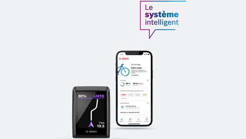 Un smartphone équipé du Kiox300 affiche la FlowApp ou la navigation, mis en avant sur un fond gris clair avec une bulle bleu-violet « Le système intelligent ».