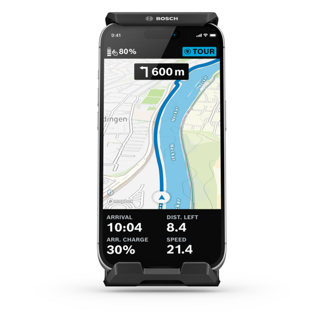 A clipped smartphone serves as an on-board computer when secured in the SmartphoneGrip Vertical. It displays the navigation screen.