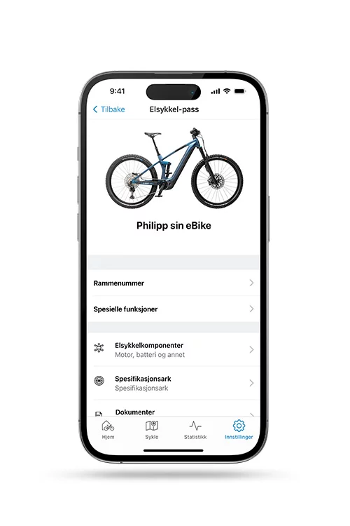eBike-pass på en valgfri smarttelefon, vises ved siden av en eBike med relevant informasjon.