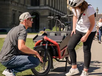 A man kneels next to a red Cargo bike in an urban setting, looking at a woman standing beside the Cargo bike, who is wearing a helmet.