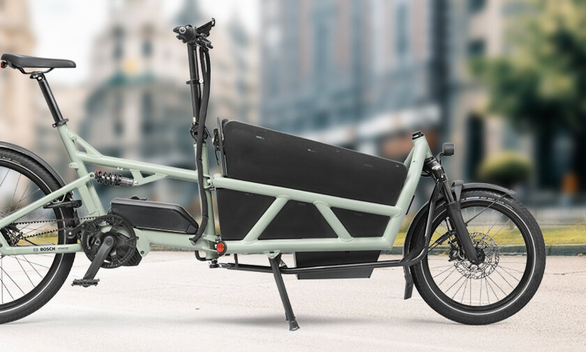 Seitenansicht eines eCargo eBikes mit einer Stadt im Hintergrund.