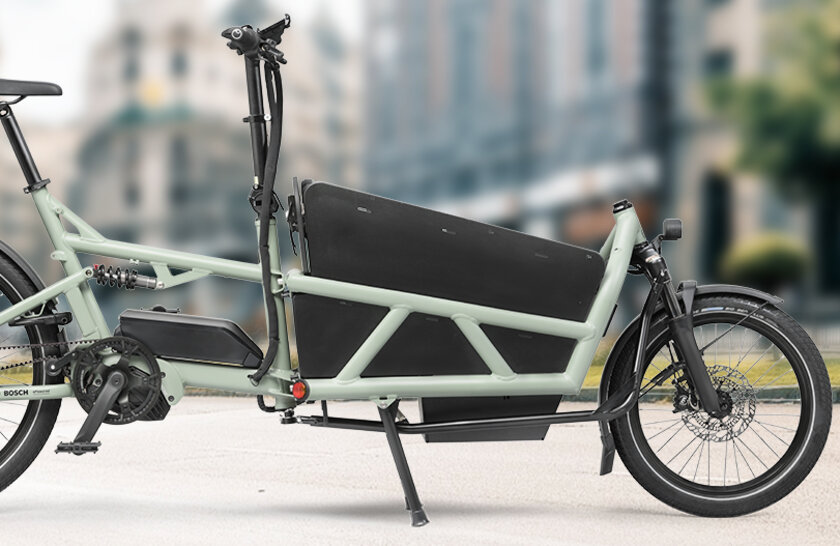 Seitenansicht eines eCargo eBikes mit einer Stadt im Hintergrund.