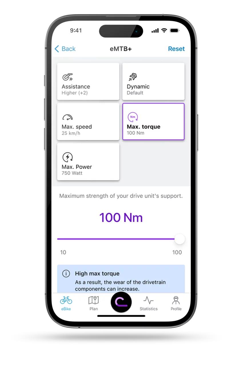EBike flow app screen showing the screen layout of the performance setting.
