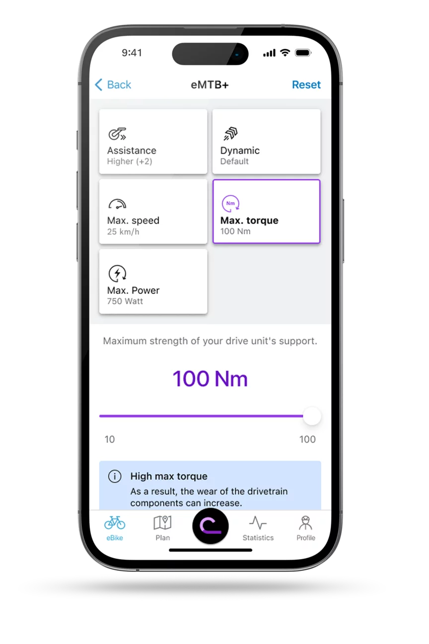 EBike flow app screen showing the screen layout of the performance setting.