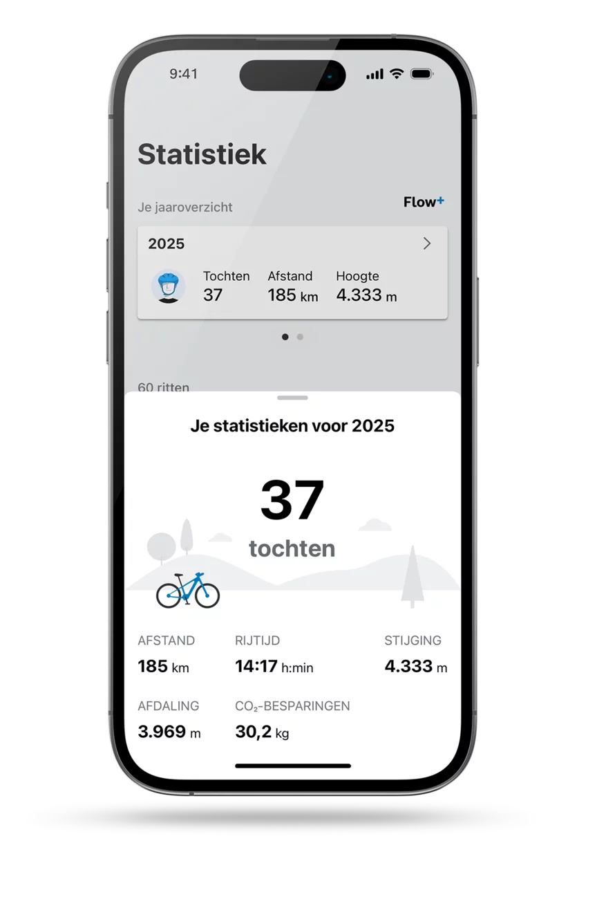 scherm van de eBike Flow-app: weergave van het jaaraantal kilometers voor 2025 op de statistiekenpagina.