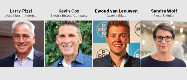 Four portraits of different people are shown side by side, each with their name and company: 'Larry Pizzi Accel North America', 'Kevin Cox Electra Bicycle Company', 'Ewoud van Leeuwen Gazelle Bikes', and 'Sandra Wolf Riese & Müller'.