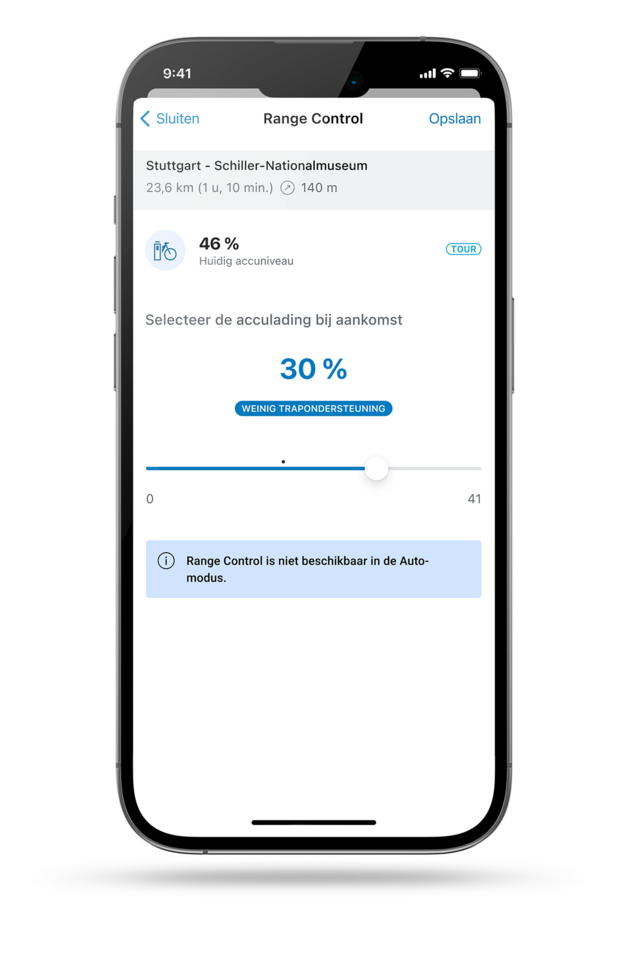 Screenshot van het smartphonescherm met de Range Control in de eBike Flow-app.