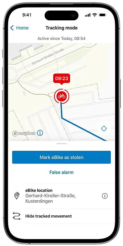 Display of the eBike pass in the eBike Flow app on a cropped smartphone, shown next to an eBike and relevant information.