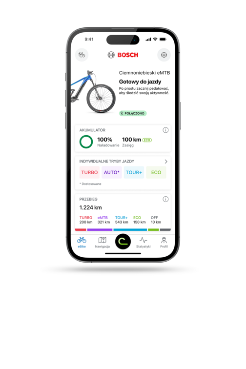 Przycięty smartfon z ikoną aplikacja eBike Flow i otwartym ekranem głównym w aplikacja eBike Flow.