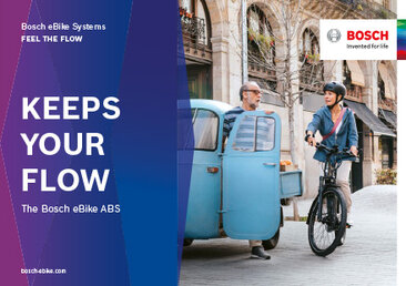 Product brochure cover with the text "Bosch eBike Systems FEEL THE FLOW" top left, and "BRAKES DEIN EBIKE, NOT DEINEN FLOW The Bosch eBike ABS" on a blue background. The background image is a rider/eBike rider/eBiker woman and a man. The Bosch logo is shown right above.