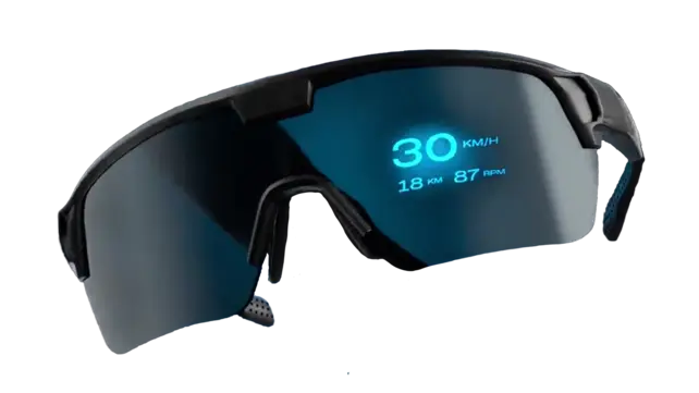Présentation recadrée de lunettes intelligentes bleues avec affichage de la vitesse.