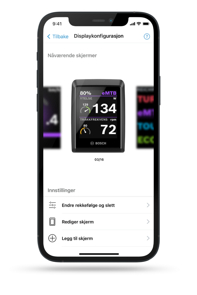Skjermbilde av en smarttelefonskjerm viser en Kiox-skjerm i bakgrunnen, mens en meny med teksten "Velg kjøredata" er åpen i forgrunnen. Under dette er det alternativer: ABS-modus, batteri (eBike), batteri (smarttelefon), ankomsttid (navigasjon), stigning, bremsens varighet.