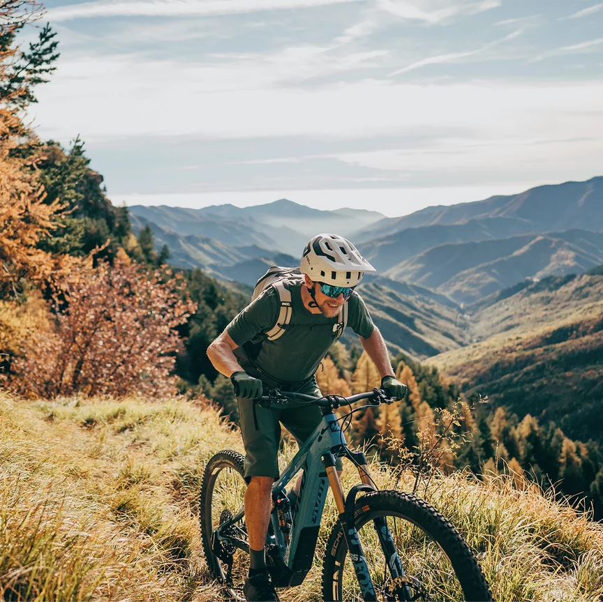 Un utilisateur de VAE roule devant une toile de fond alpine sur un trail à travers forêt et prairie.