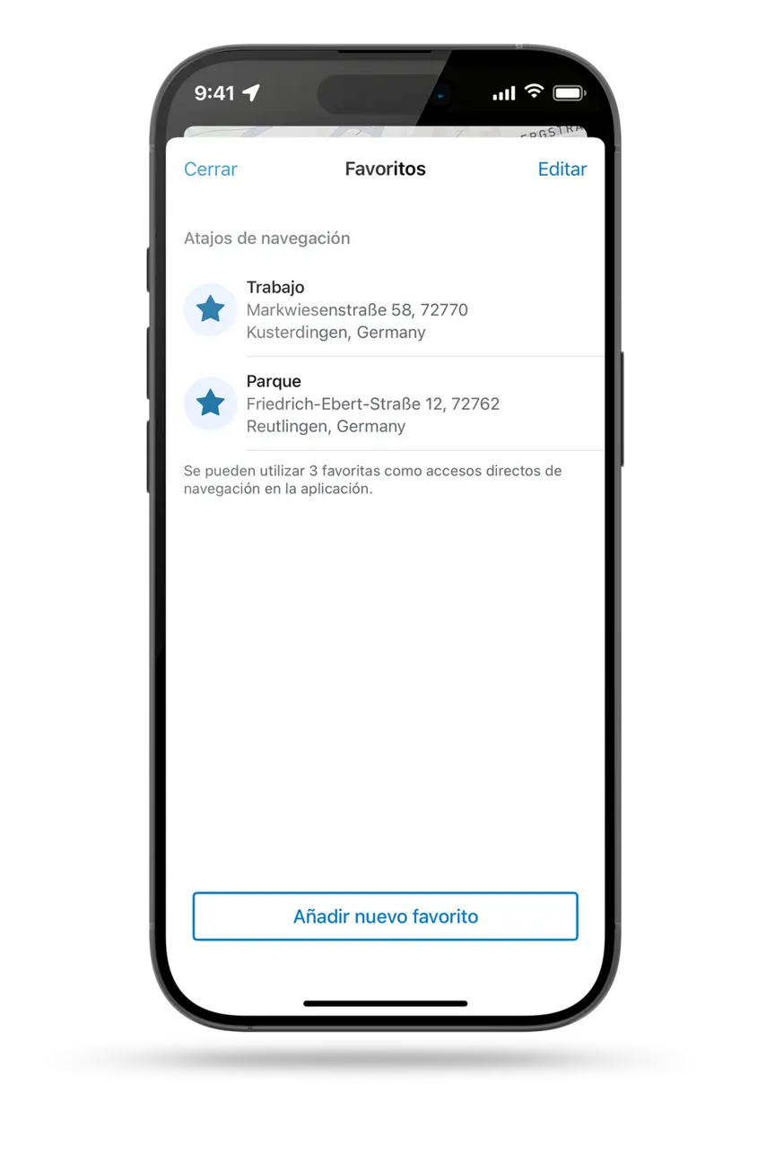 Captura de pantalla de un smartphone mostrando los atajos de navegación de la aplicación eBike Flow, incluyendo dos favoritos, "Work" y "Park", y la opción "Add New Favorite".